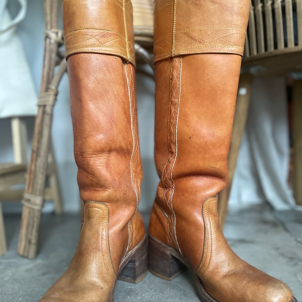 FRYE 70s Black Label Vintage Cognac Brown Leather Heeled Boots Tall